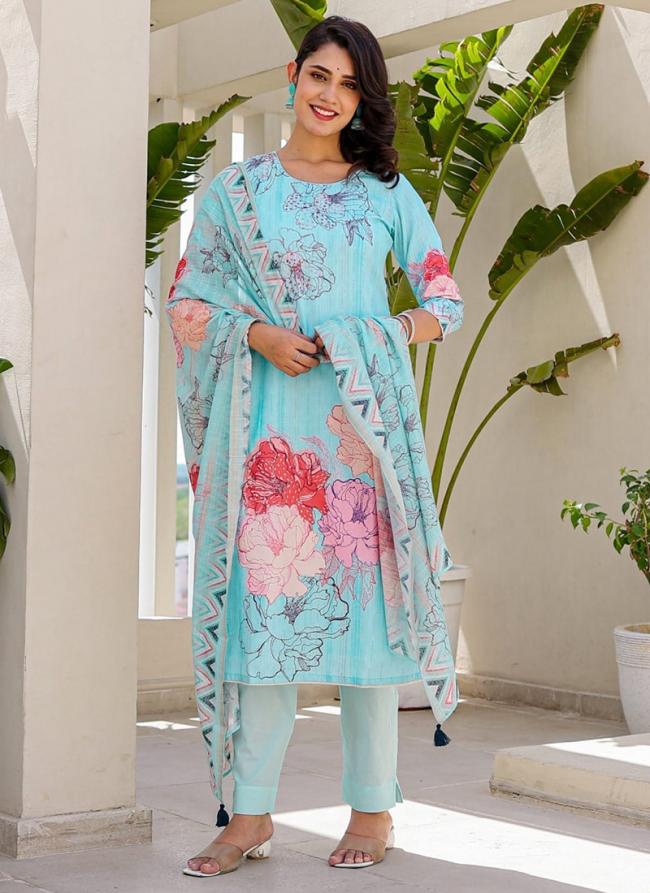 Linen Cotton Sky Blue Party Wear Digital Print Readymade Kurti With Bottom